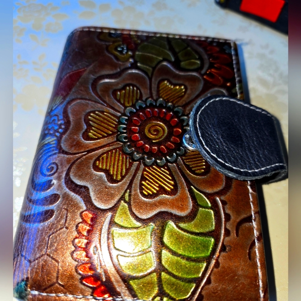 Floral Embossed Leather  Wallet - Brown and Green